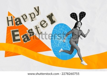Collage photo of funny excited woman running near handmade Easter painted egg wear bunny hare mouse cute ears on head