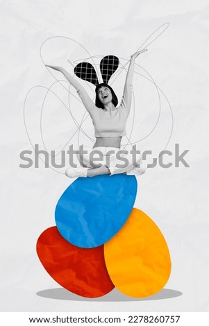 Vertical artwork collage of funny excited girl sit on handmade Easter painted eggs happy Easter celebration holiday blessing god