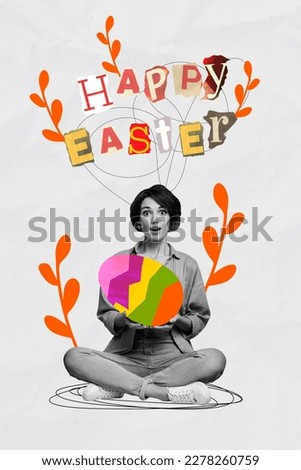 Creative artwork collage of young girl sitting hold handmade Easter painted egg beautiful striped print celebration family holiday