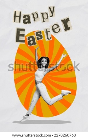 Vertical artwork picture collage of pretty young girl jumping on background of big painted Easter egg wish happy Easter