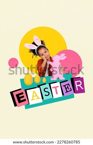 Creative banner poster collage of little kid girl advertise family easter festival with gifts presents chocolate rabbit