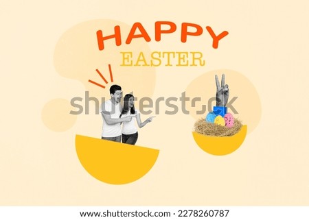 Young two people couple date pointing fingers supermarket sale offer price Easter boiled colored eggs table decor artwork collage