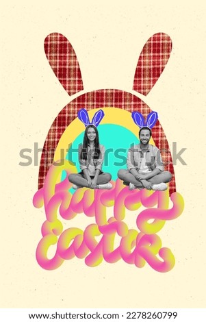 Creative invitation card collage of two people young lady guy buddies wear rabbit easter costume celebrate festive occasion