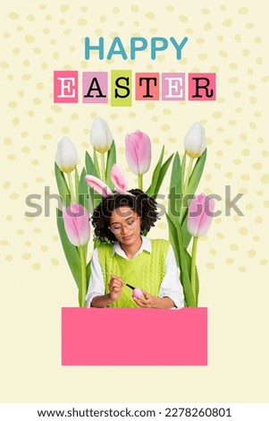 Creative banner poster collage of professional lady advertise easter occasion sitting desk painting decoration eggs