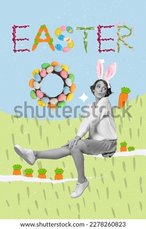 Young farmer girl seeding carrots preparing to feed bunny Easter traditional decorations conceptual symbol artwork collage