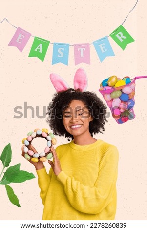 Spring time photo collage young girl hold decorated wreath nest celebrating Easter party collect eggs do handicraft homemade