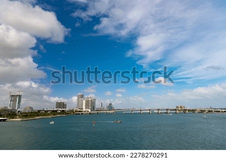 miami skyline horizon. miami skyline and cityscape. miami skyline with boats. image of miami skyline