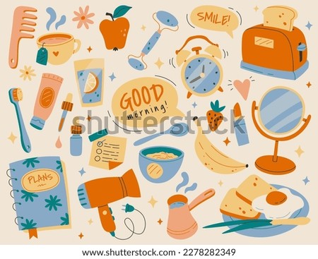 Morning routine elements flat icons set. Tasty and healthy food. Breakfast, wake up with alarm, beauty procedures. Color isolated illustration Royalty-Free Stock Photo #2278282349