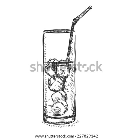 Vector Sketch Glass of Lemonade on the Rocks with a Straw