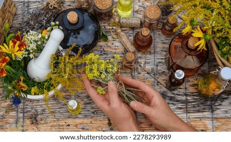 Woman with medicinal herbs and tinctures. Selective focus. Nature. Royalty-Free Stock Photo #2278293989