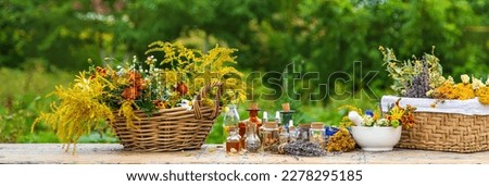 Medicinal herbs and tinctures on the table. Selective focus. Nature. Royalty-Free Stock Photo #2278295185