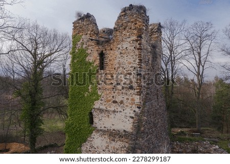 Ruins of a Catholic church built in 1500 in Straszów, Poland. The photo was taken from a height using a drone.