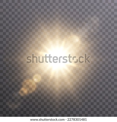 Bright sun shines with warm rays, vector illustration Glow gold star on a transparent background. Flash of light, sun, twinkle. Vector for web design and illustrations. Royalty-Free Stock Photo #2278301481