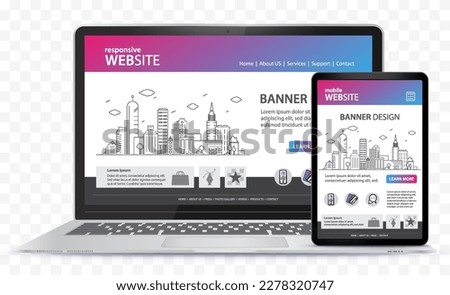 Responsive Website Design With Laptop Computer and Tablet Computer Screen Vector Illustration. Digital devices on transparent background.
