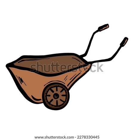 Garden wheelbarrow drawn by hand. A gardener's tool, a metal wheelbarrow for carrying something. Doodle vector illustration. Isolated on white background. 