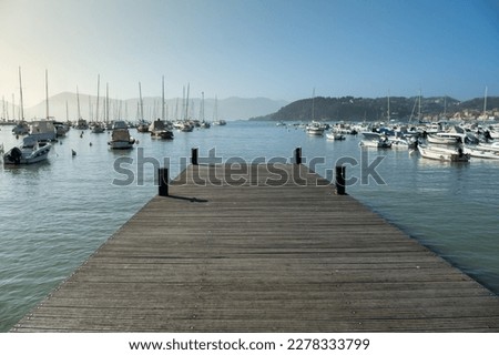 Old wooden dock overlooking the Poets Gulf (Golfo dei poeti) - calm sea and lot of moored boats. Lerici, Liguria, Italy