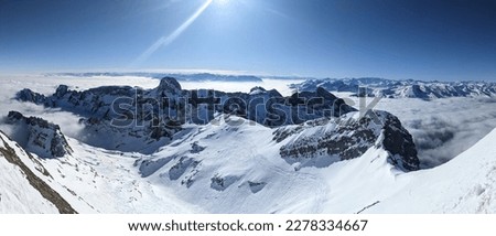 Panorama Picture. Santis im Appenzellerland. Skitour from Santis towards Rotsteinspass to Toggenburg. Ski tour in the beautiful Swiss mountains. Ski mountaineering. Alpstein. High quality photo.