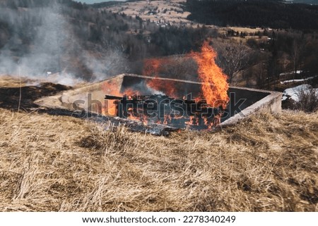 Wood logs burn in an orange flame with smoke. Background of burning wooden boards with nails