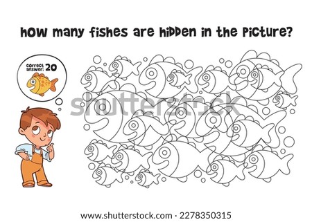 Count how many fishes are hidden in the picture. How many items are in picture? Educational game for children. Colorful cartoon characters. Funny vector illustration. Isolated on white background