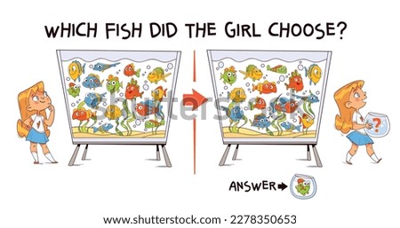 Which fish did the girl choose? Find the differences puzzle game. Find hidden objects in the picture. Puzzle Hidden Items. Educational game for children. Colorful cartoon characters Royalty-Free Stock Photo #2278350653