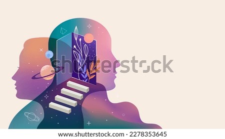 Psychology, Dream, Mental Health concept illustration. Brain, neuroscience and creative mind poster, cover Royalty-Free Stock Photo #2278353645