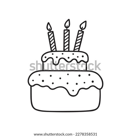 Birthday cake with three candles doodle. Hand drawn vector illustration isolated on white background