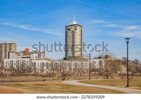 Sunny view of the skyline of Tulsa city from River West Festival Park at Oklahoma