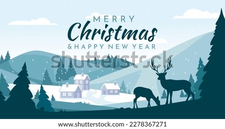 Merry Christmas winter landscape. Silhouette of deer in forest against backdrop of houses and mountains under snow. Greeting postcard for winter holidays. Cartoon flat vector illustration