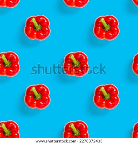 seamless pattern of bulgarian red pepper on blue background. paprika wallpaper, sweet pepper print pattern, top view, flat layout, isolated.