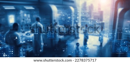 Futuristic office and digital technology concept. Communication network. Digital transformation. Wide angle visual for banners or advertisements.