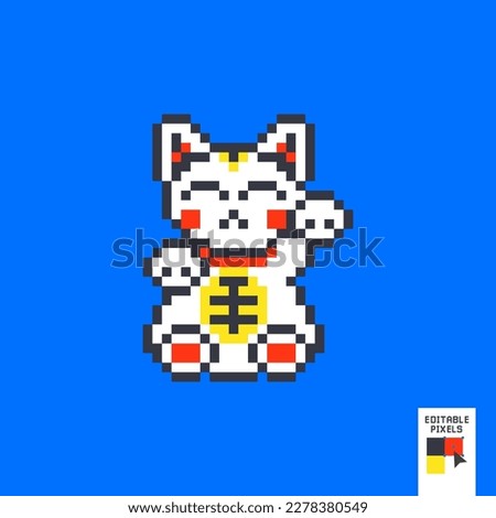 Pixel art asian lucky cat, maneki neko isolated on BLUE background. Pixel lucky cat. Japanese lucky cat character design. 8 bit vector illustration.