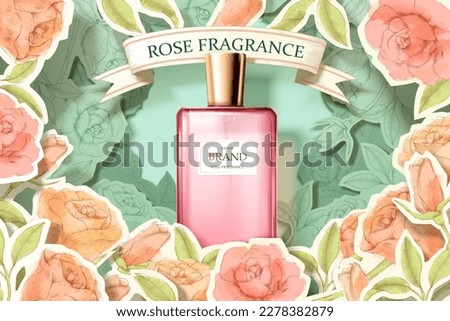 3D illustration of pink perfume glass bottle with bronze cap surrounded by layers of paper cut and engraved style rose flower decoration.