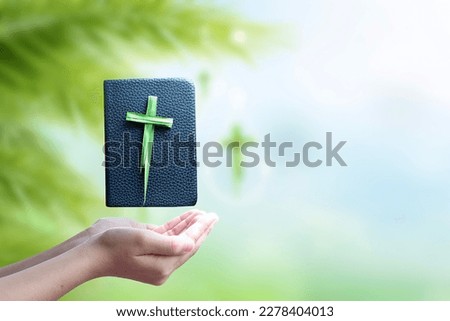 Palm sunday, Human hand holding cross made of palm leaves on black bible on natural palm leaves and blue sky background