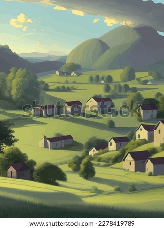 Rural landscape with field, trees, grass and agricultural fields. Environmentally friendly area with blue sky and clouds. Village in summer. Vector stock in flat style illustration vertical posters