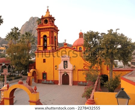 Magical town Peña de Bernal in Queretaro Mexico in the center The Temple of San Sebastian is located in the Main Square surrounded by gardens Royalty-Free Stock Photo #2278432555