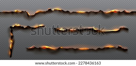 Fire on burnt paper edges. Frames with burn effect with yellow flame, black ash and scorched edges of pages or parchment sheets isolated on transparent background, vector realistic set Royalty-Free Stock Photo #2278436163