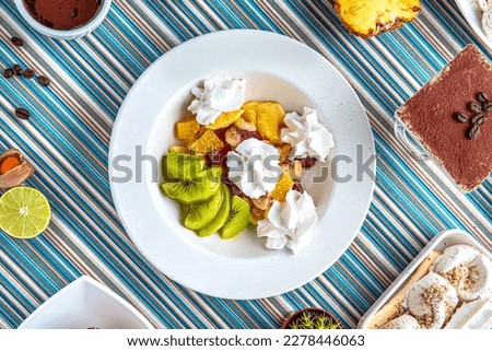 Traditional mexican food. Fruit saladю.  Colorful Food Table Celebration Delicious Party Meal Concept. 