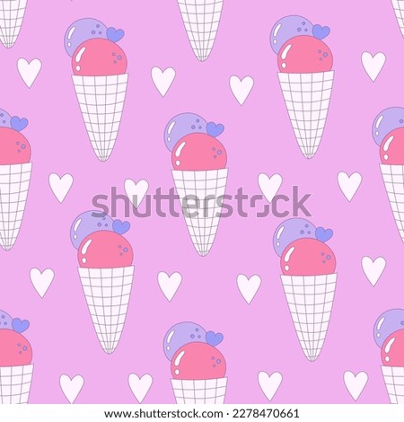 Ice cream hearts seamless pattern. Cute ice cream balls in waffle cone repeat background. Kawaii food vector illustration for wrapping, packaging paper