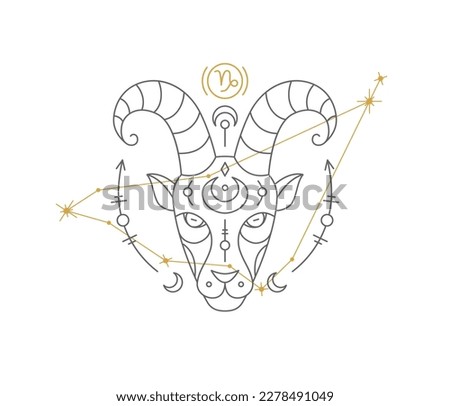 Capricorn astrological symbol with Zodiac constellation, connected stars. Goat astrology horoscope sign and stars on white background thin line vector illustration