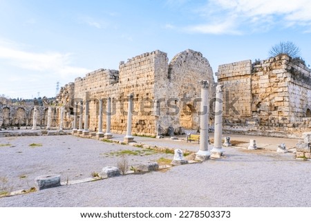 The ruins of the ancient city of Perge. Perge is an ancient Greek city on the southern Mediterranean coast of Turkey. High quality photo