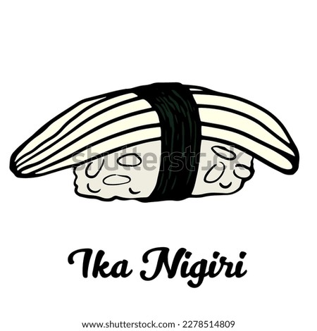 Ika nigiri sushi with Squid and rice wrapped in nori seaweed. Japanese outline vector hand drawn sushi rolls illustration isolated on white for sushi menu, restaurant, site.