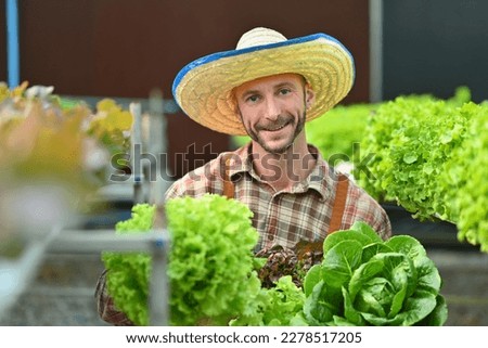 Happy male organic farmer holding a wooden crate with fresh organic vegetables sitting in greenhouse plantation
