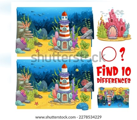 Find ten differences on underwater sunken lighthouse. Kids vector game worksheet with cartoon beacon on sea bottom landscape with colorful seaweeds and corals. Educational children riddle activity Royalty-Free Stock Photo #2278534229