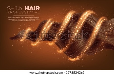 Woman hair protect shampoo. Brown hair strand wave, magic glow shine sparkle swirl of vector cosmetic product for follicle treatment. Head skin care, color protect and repair shampoo ad banner Royalty-Free Stock Photo #2278534363