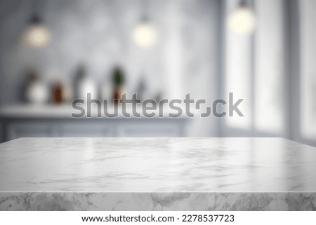 Empty Beautiful marble table and modern kitchen background with shelf, Ready for product montage