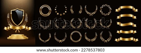 Golden ribbons, laurel wreaths of different shapes set for 3d gold podium with black shield vector illustration. Realistic recognition award, winners trophy with falling glitter on dark background Royalty-Free Stock Photo #2278537803