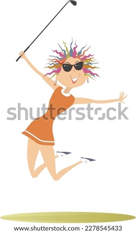 Happy golfer woman on the golf court. 
Jumping golfer woman happy to make a good shot
