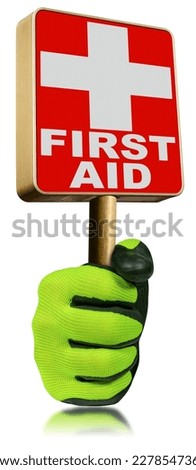 Hand with protective work glove, holding a red and white first aid sign. Isolated on white background and reflections. 