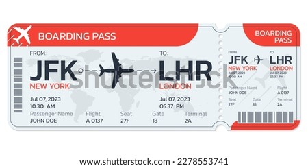 Airplane ticket. Flight boarding pass design. Air, plane, airline card template. Fly, travel concept. Vector illustration. Royalty-Free Stock Photo #2278553741