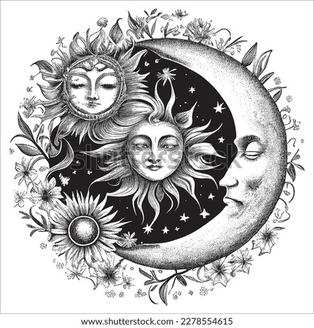 Hand Drawn Engraving Pen and Ink Sun Moon Stars Energy Vintage Vector Illustration Royalty-Free Stock Photo #2278554615